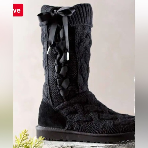 Ugg Mahalya tall black lace up tie sweater boots 7 - Picture 2 of 15